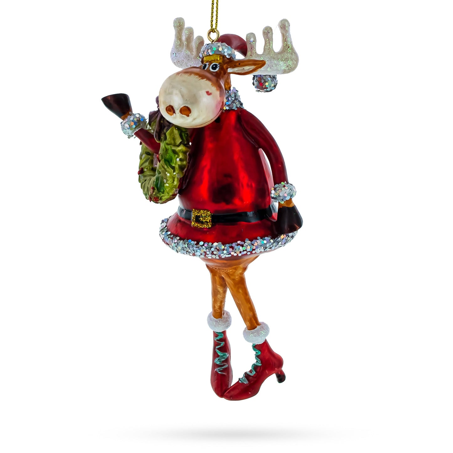 Reindeer Lady Adorned with Wreath Glass Christmas Ornament