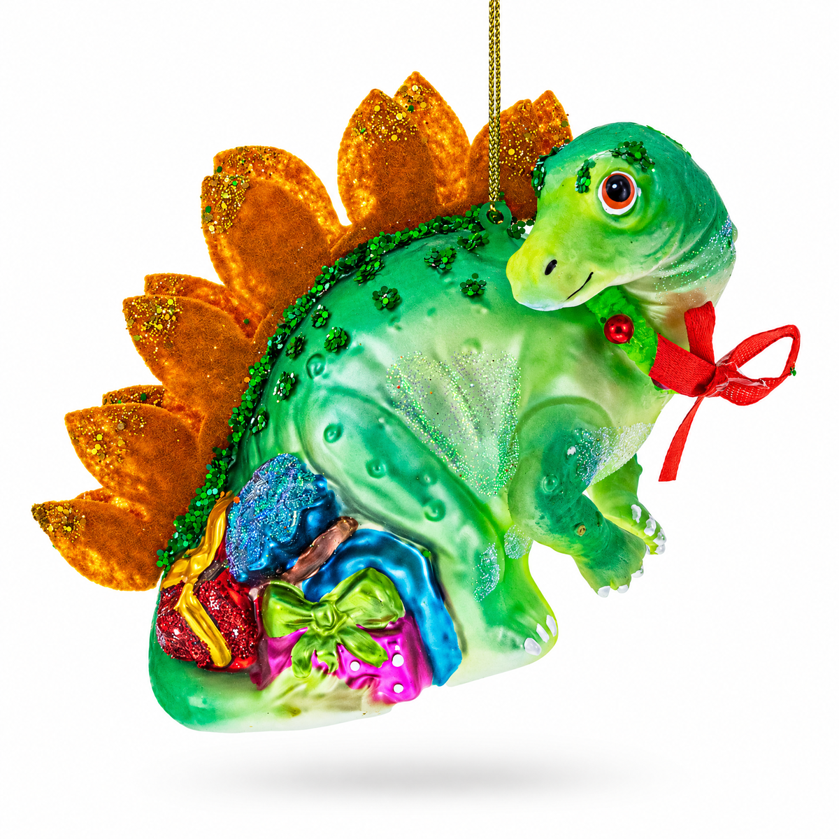 Green Dinosaur with Gifts Glass Christmas Ornament