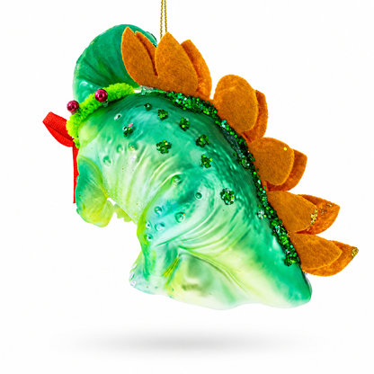 Green Dinosaur with Gifts Glass Christmas Ornament