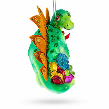 Green Dinosaur with Gifts Glass Christmas Ornament