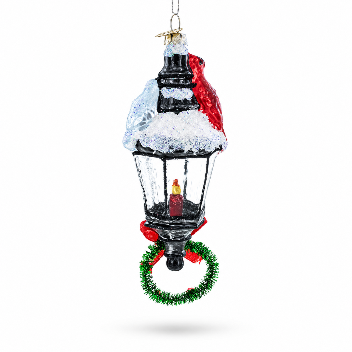 Red Cardinal Perched on Snow-Capped Lantern Glass Christmas Ornament