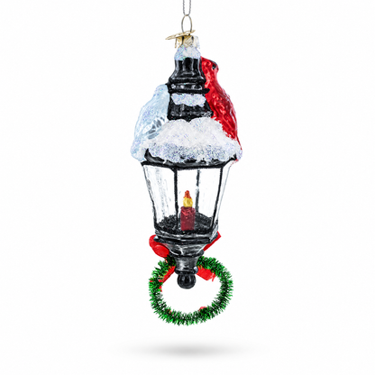 Red Cardinal Perched on Snow-Capped Lantern Glass Christmas Ornament