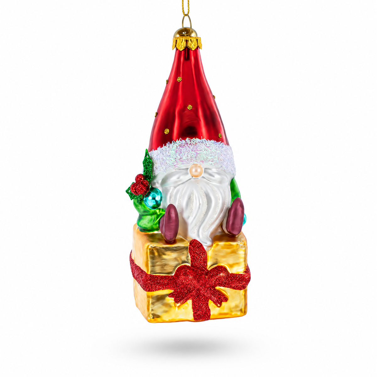 Gnome Bearing Gifts Glass Christmas Ornament