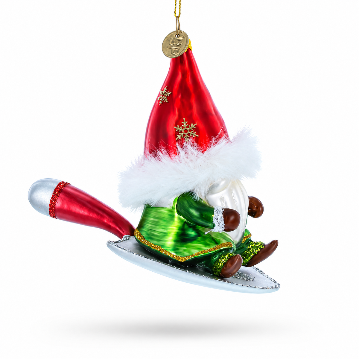 Scandinavian Gnome Riding a Shield Glass Christmas Ornament