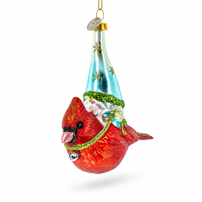 Gnome Riding Red Cardinal Glass Christmas Ornament