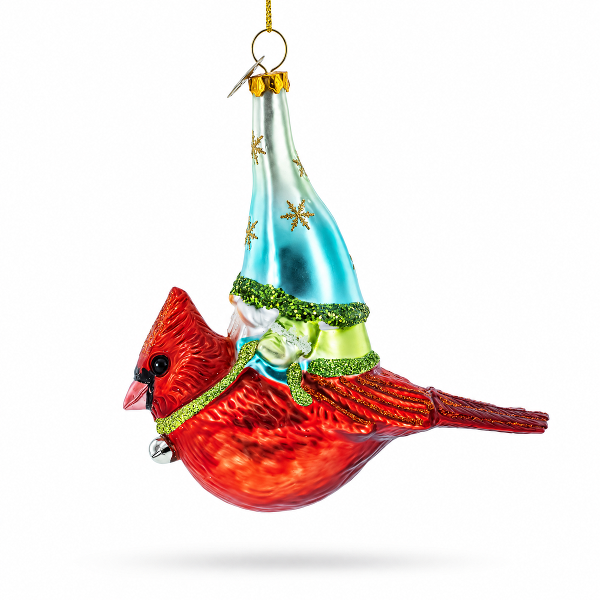 Gnome Riding Red Cardinal Glass Christmas Ornament