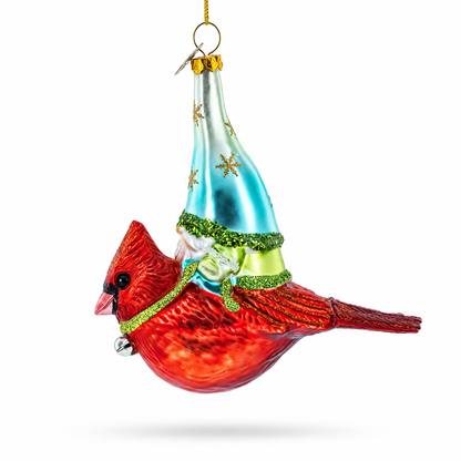 Gnome Riding Red Cardinal Glass Christmas Ornament