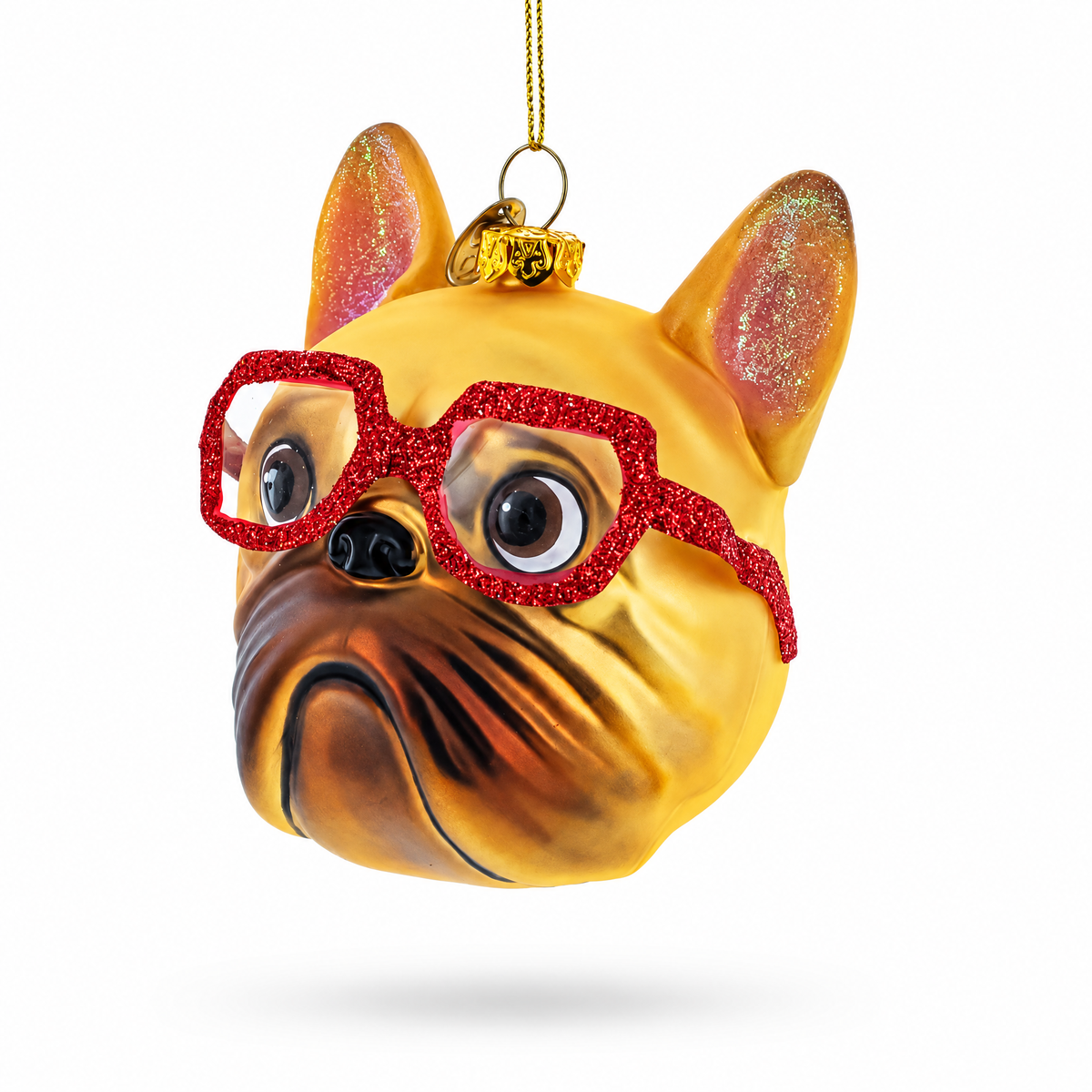 Hipster Bulldog in Red Glasses Glass Christmas Ornament