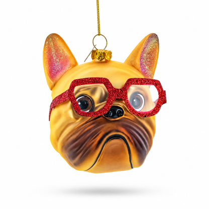 Hipster Bulldog in Red Glasses Glass Christmas Ornament