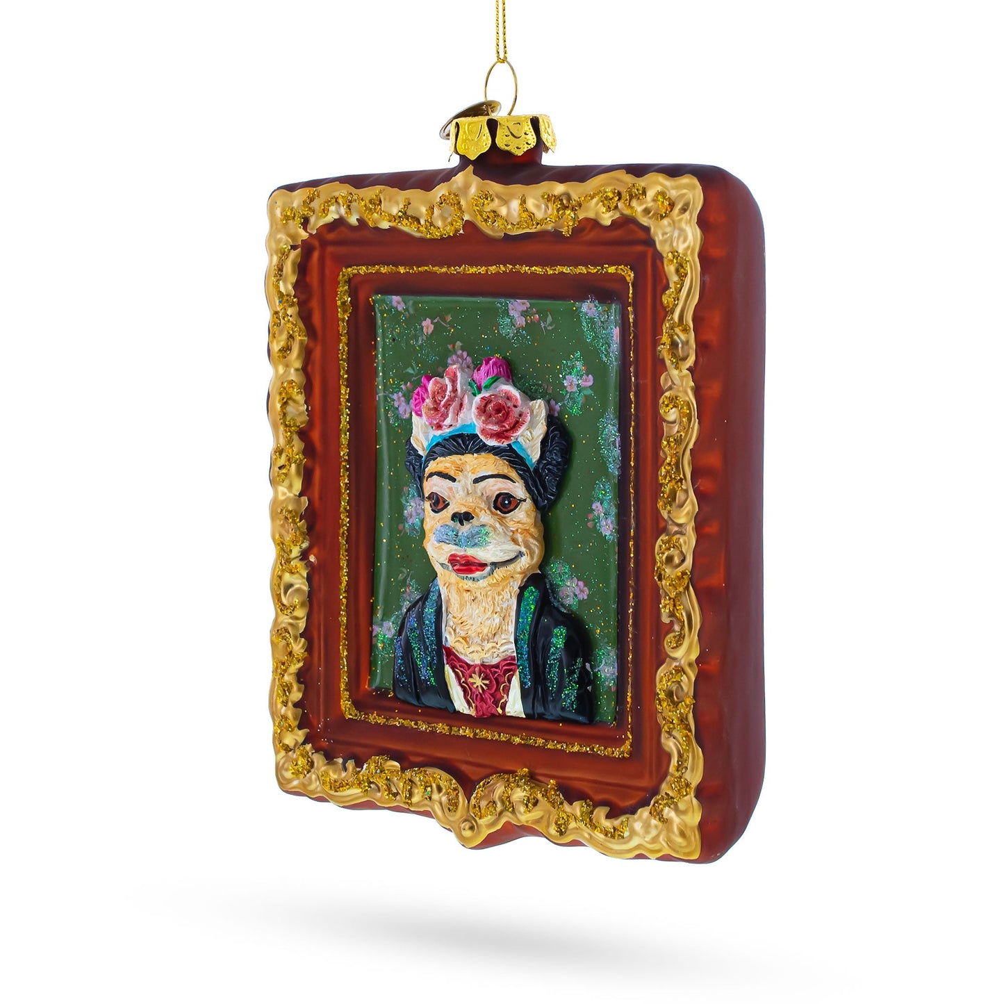 Frida Kahlo Inspired Dog Art Glass Christmas Ornament