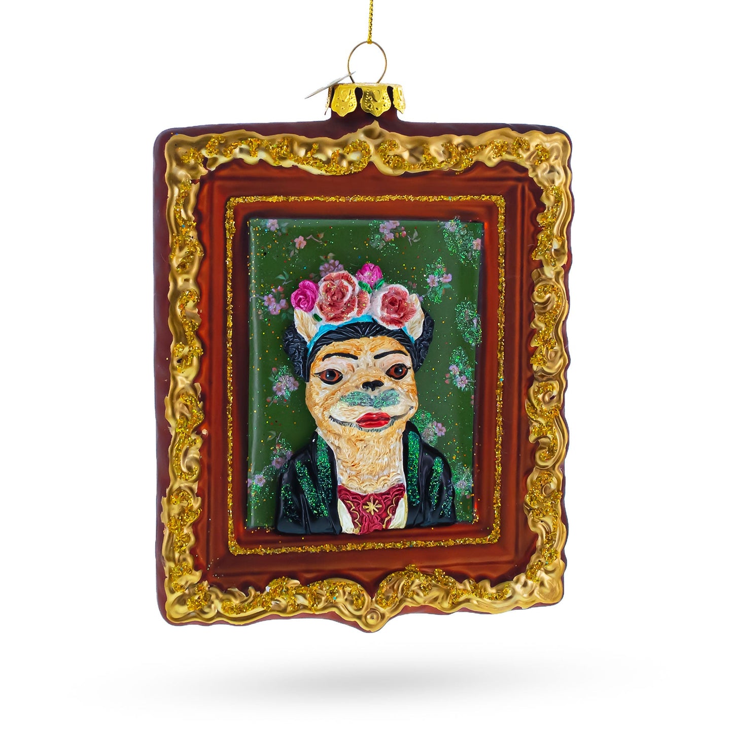 Frida Kahlo Inspired Dog Art Glass Christmas Ornament