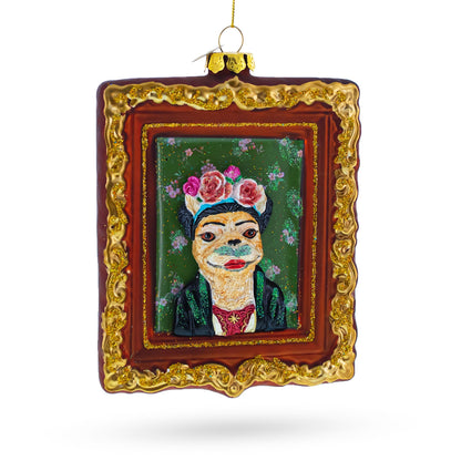 Frida Kahlo Inspired Dog Art Glass Christmas Ornament