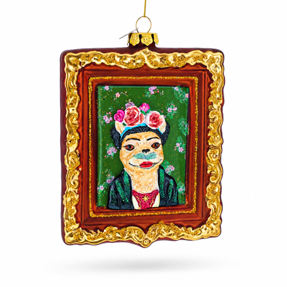 Frida Kahlo Inspired Dog Art Glass Christmas Ornament