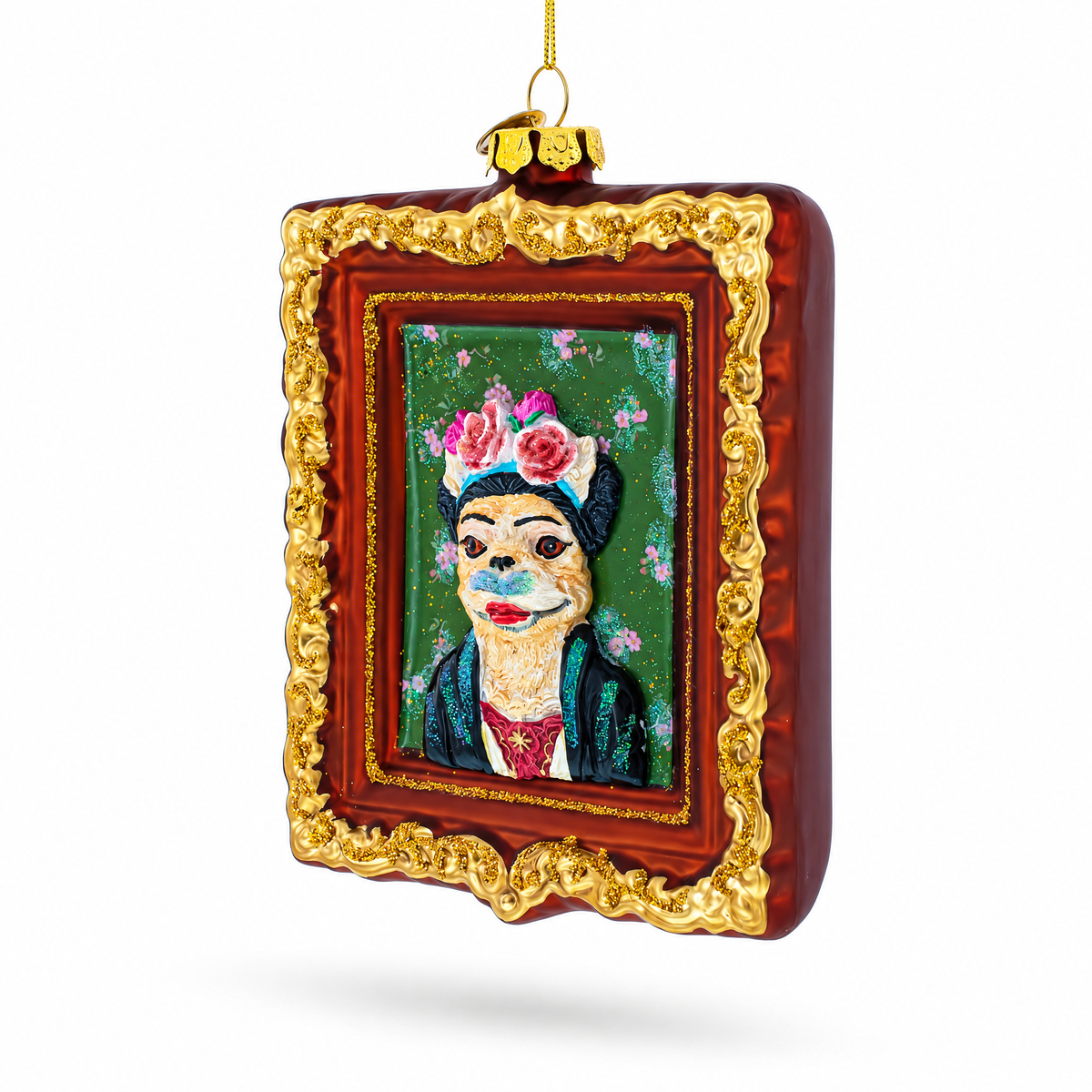 Frida Kahlo Inspired Dog Art Glass Christmas Ornament