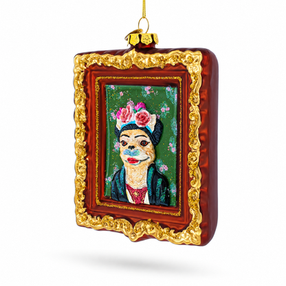 Frida Kahlo Inspired Dog Art Glass Christmas Ornament