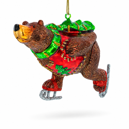 Skating Bear Glass Christmas Ornament