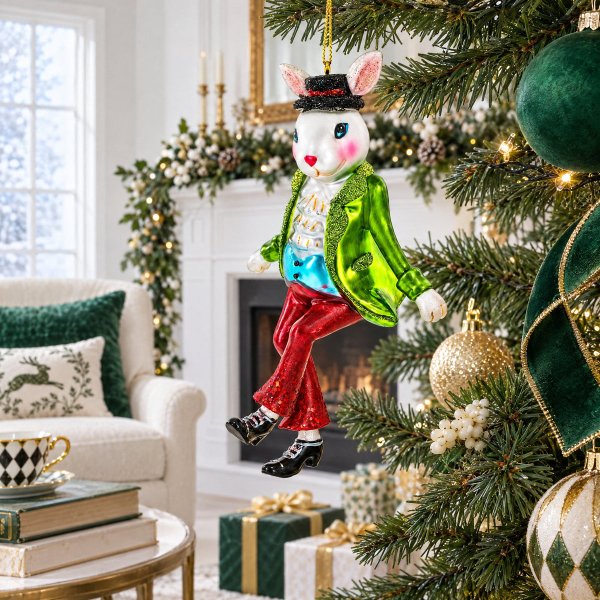 Alice in Wonderland A Dancing Hare Glass Christmas Ornament