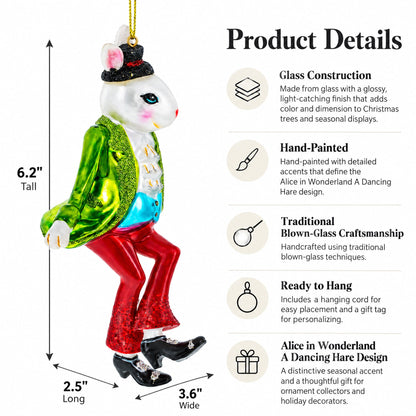 Alice in Wonderland A Dancing Hare Glass Christmas Ornament