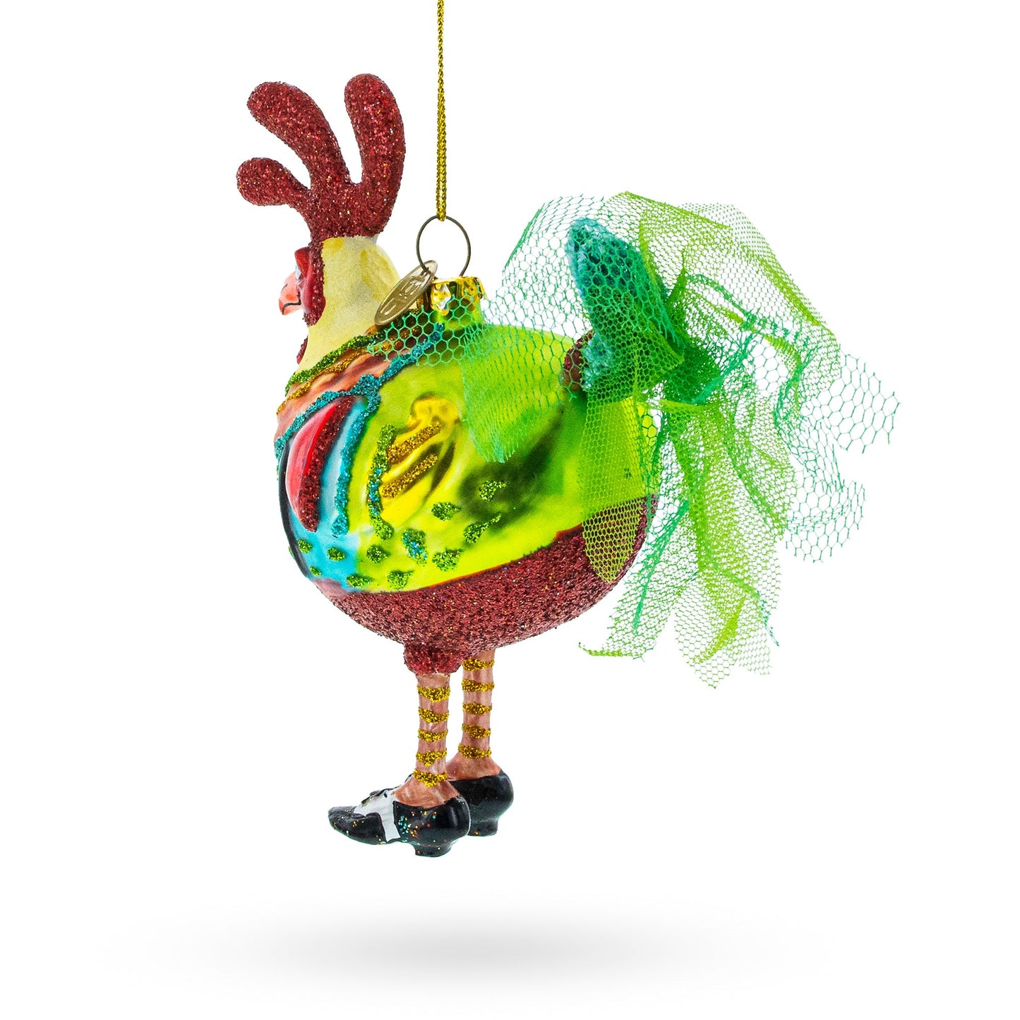Rooster wearing Shoes Glass Christmas Ornament