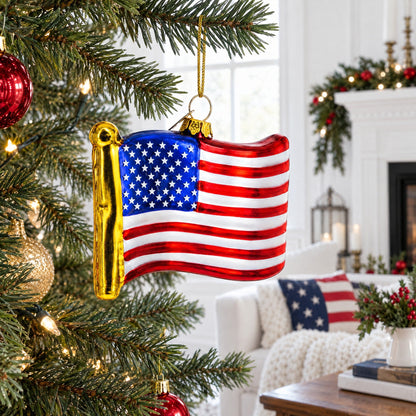Waving Flag of USA Glass Christmas Ornament