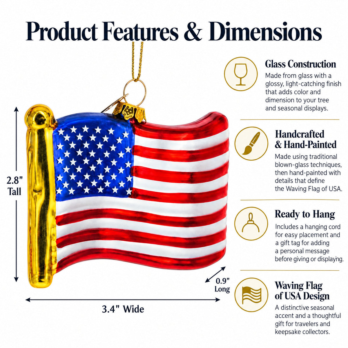 Waving Flag of USA Glass Christmas Ornament