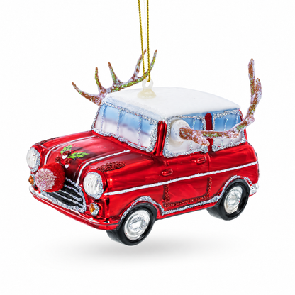 Car Decked Out with Nose & Antlers Glass Christmas Ornament