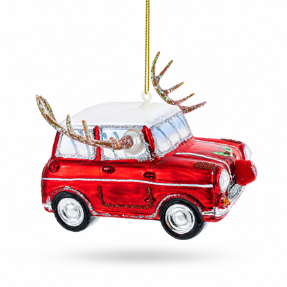 Car Decked Out with Nose & Antlers Glass Christmas Ornament