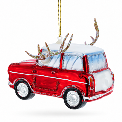 Car Decked Out with Nose & Antlers Glass Christmas Ornament