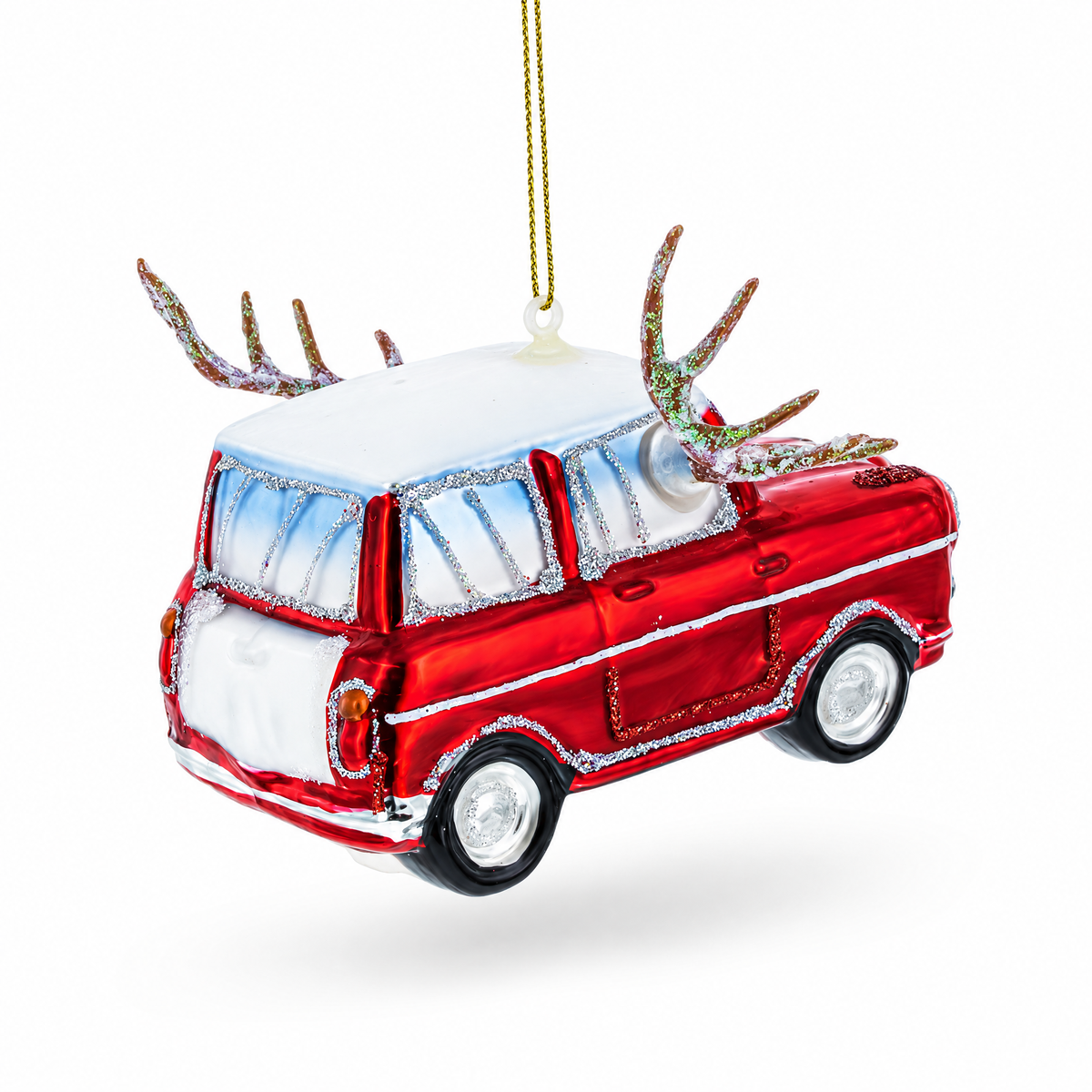 Car Decked Out with Nose & Antlers Glass Christmas Ornament