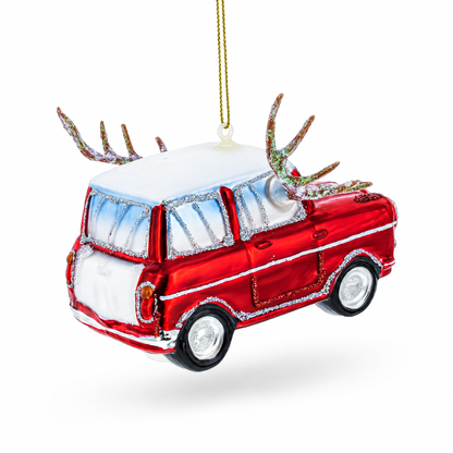 Car Decked Out with Nose & Antlers Glass Christmas Ornament