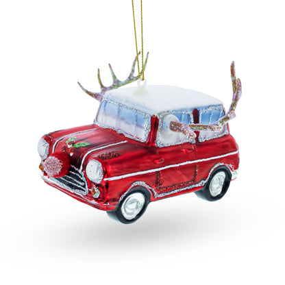Car Decked Out with Nose & Antlers Glass Christmas Ornament