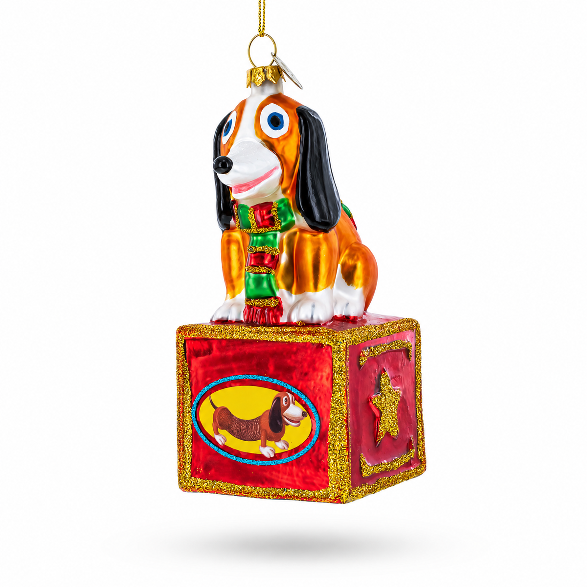 Playful Toy Dog on Festive Red Box Glass Christmas Ornament