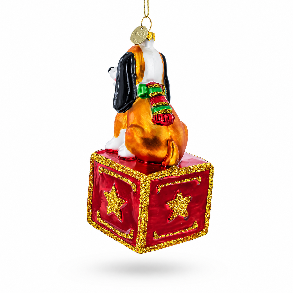 Playful Toy Dog on Festive Red Box Glass Christmas Ornament