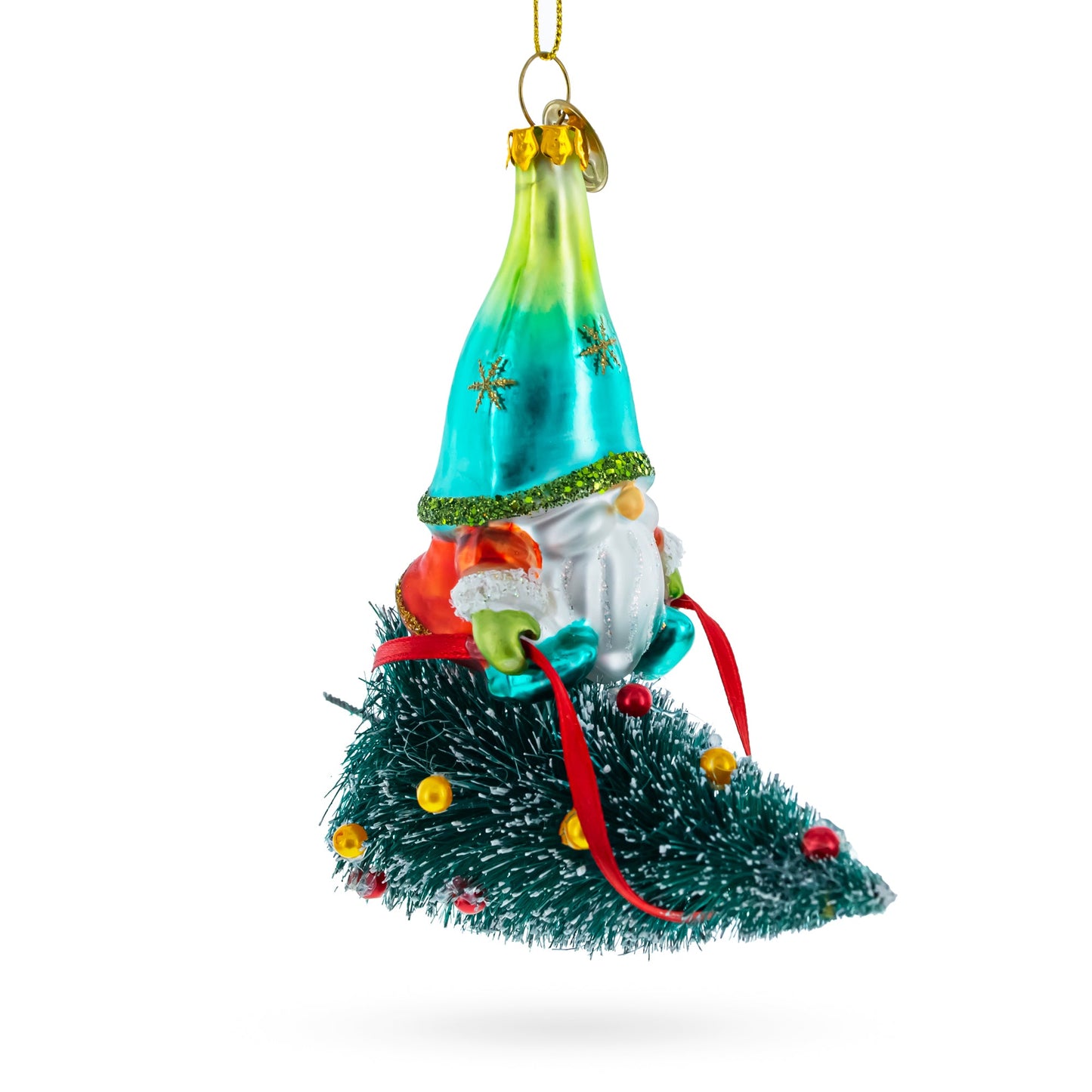 Gnome Adventurer Riding a Festive Tree Glass Christmas Ornament