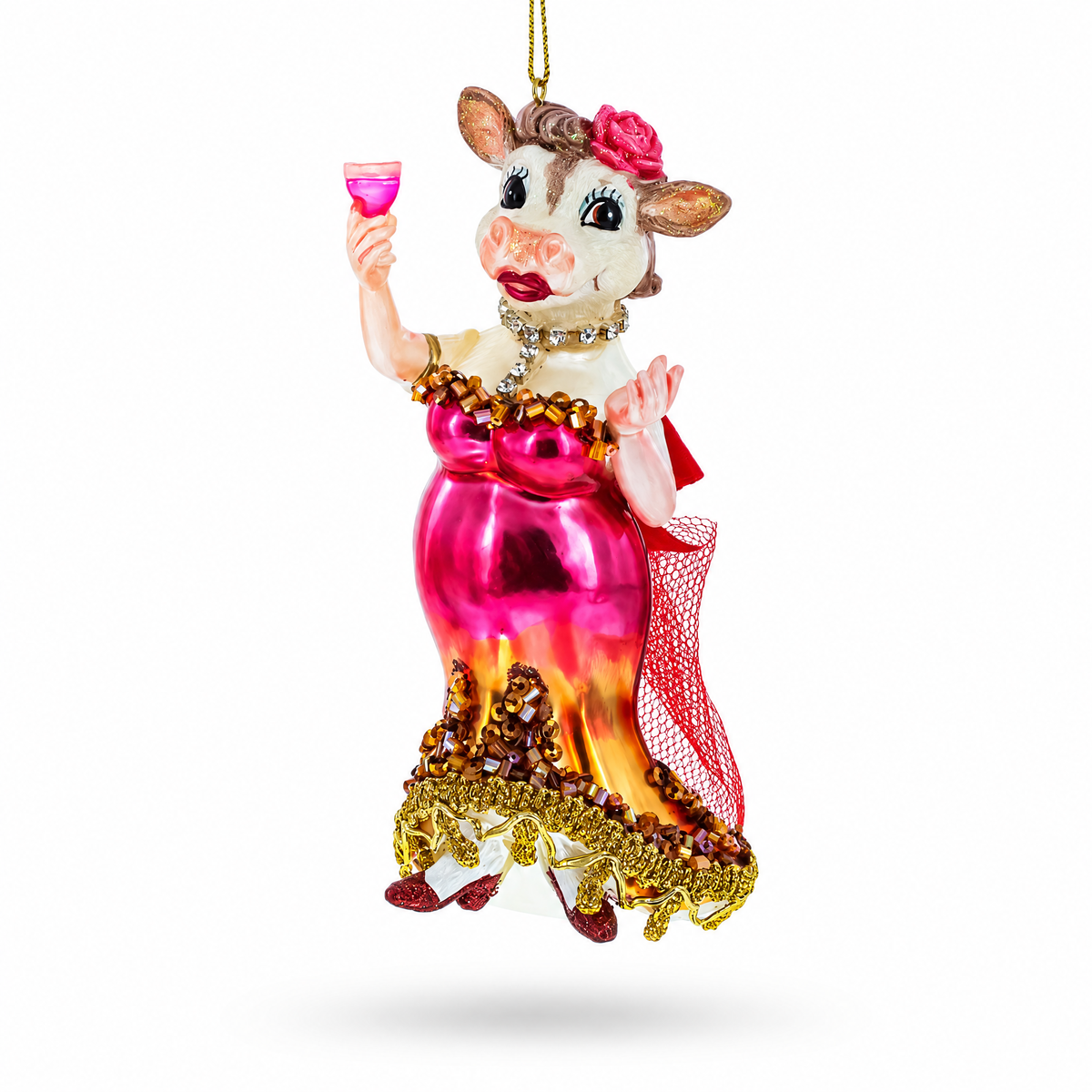 Pink-Dressed Cow with Wine Glass  Christmas Ornament