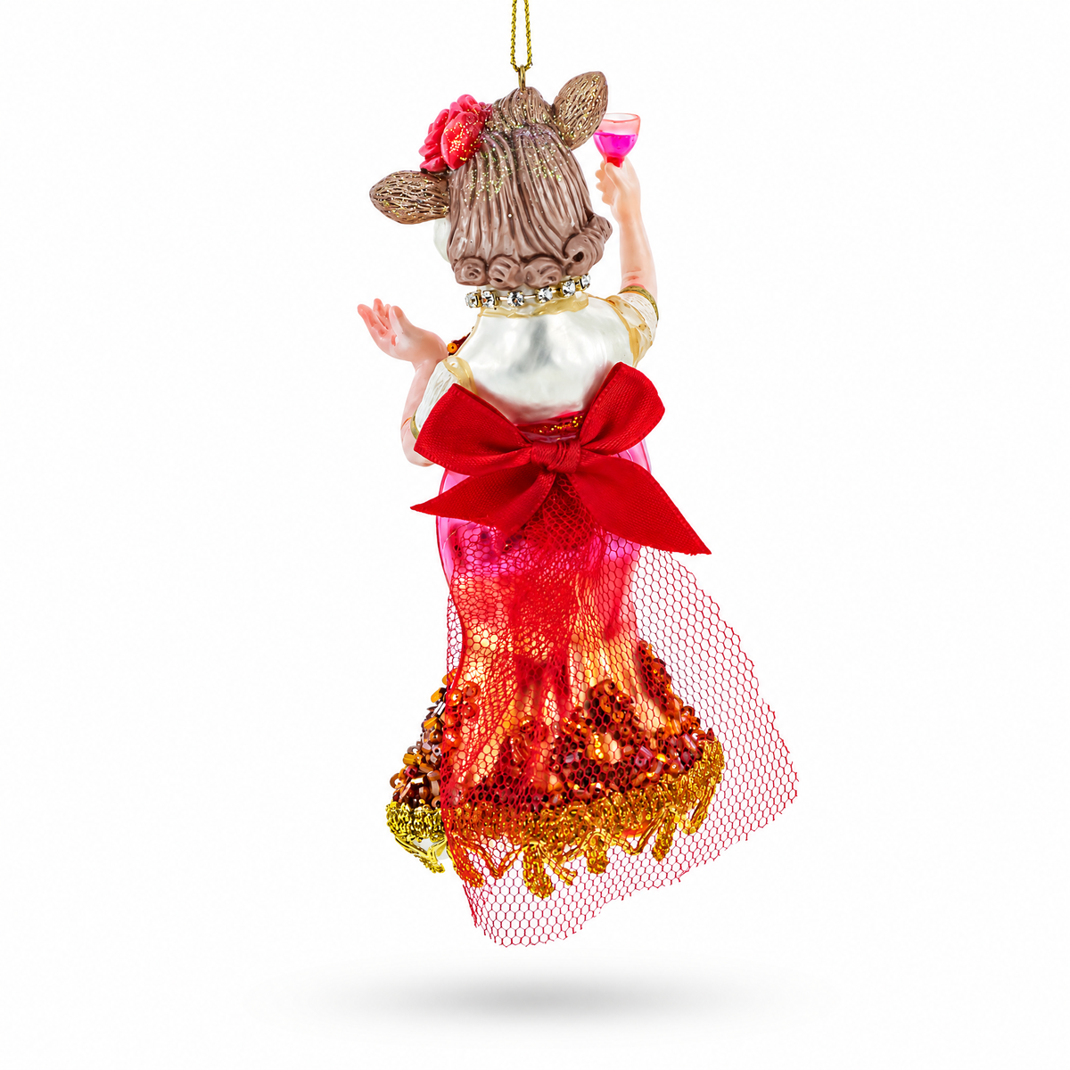 Pink-Dressed Cow with Wine Glass  Christmas Ornament