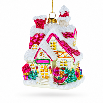 Winter Wonderland Snow-Covered House Glass Christmas Ornament