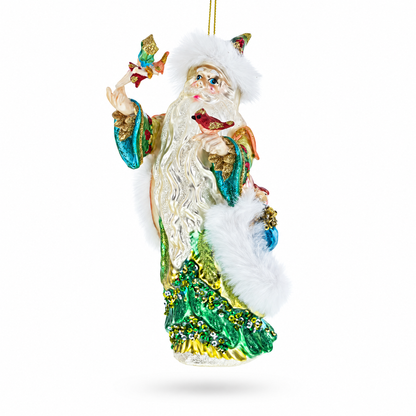 Woodland Santa with Birds Glass Christmas Ornament