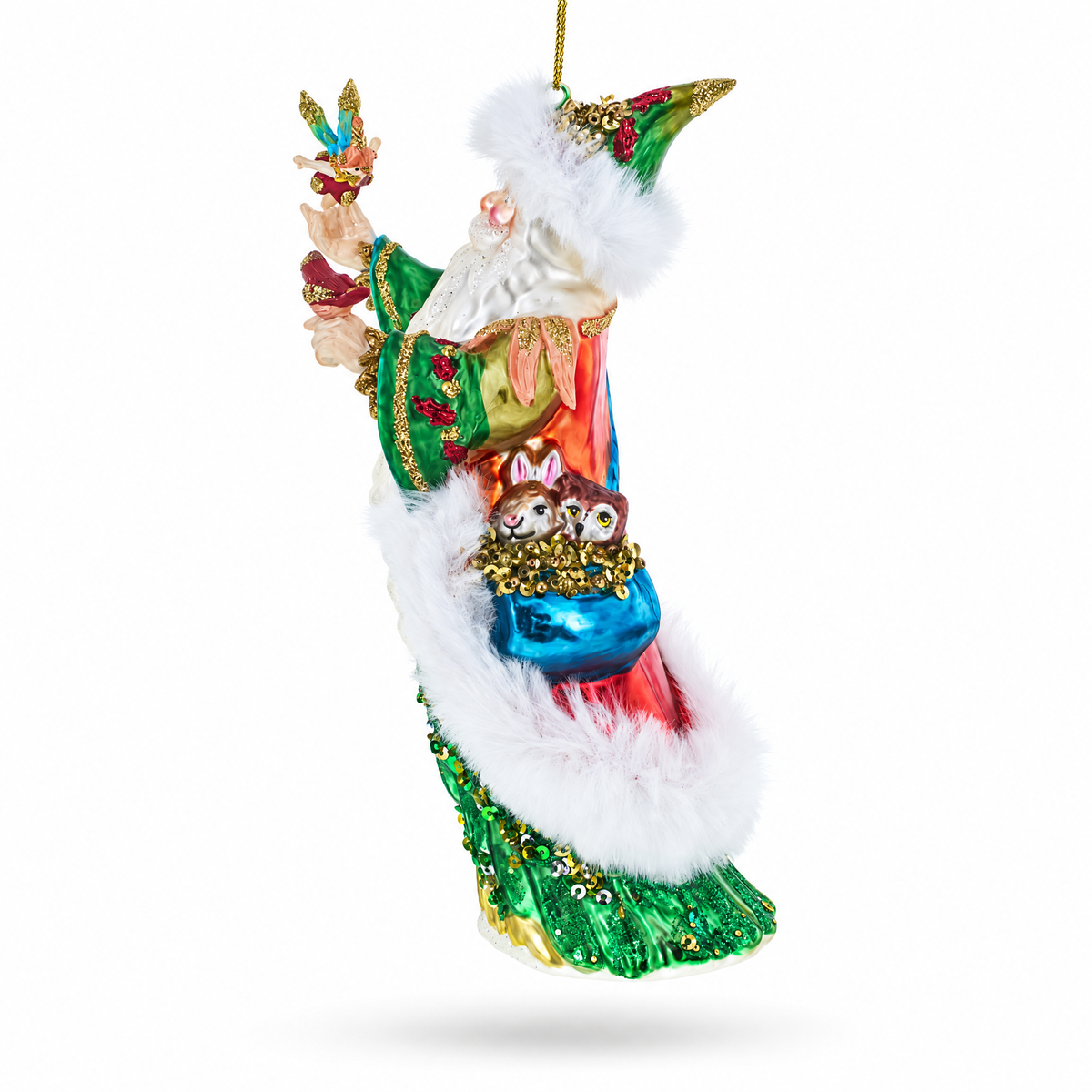 Woodland Santa with Birds Glass Christmas Ornament