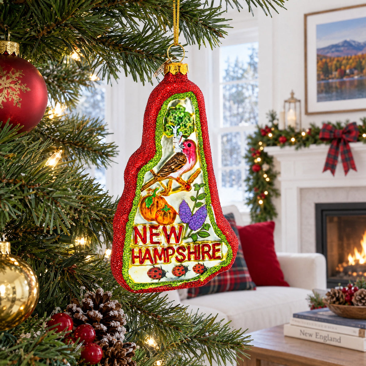 State of New Hampshire Symbols, USA Glass Christmas Ornament