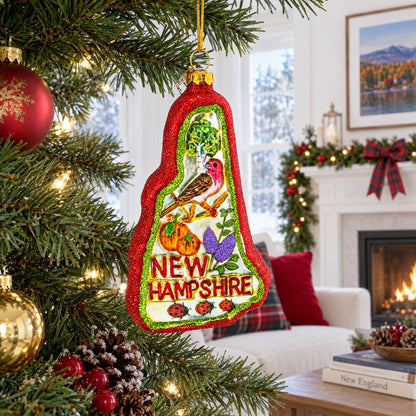 State of New Hampshire Symbols, USA Glass Christmas Ornament