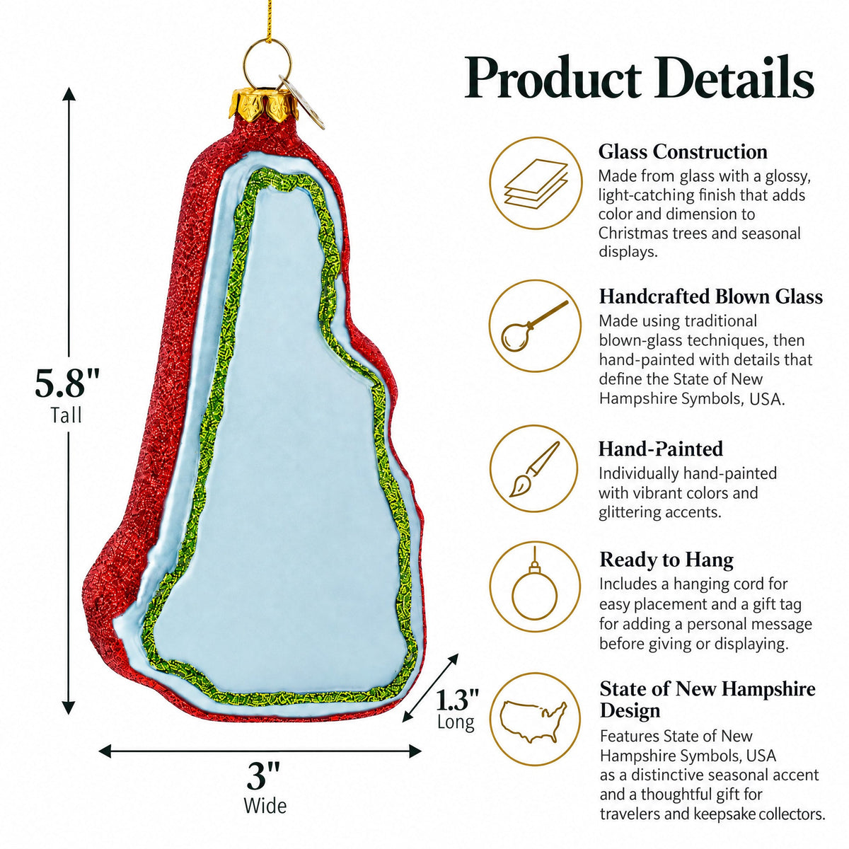 State of New Hampshire Symbols, USA Glass Christmas Ornament