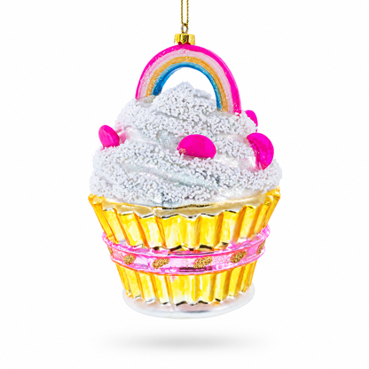 Delightful Sprinkled Cupcake with Rainbow Glass Christmas Ornament