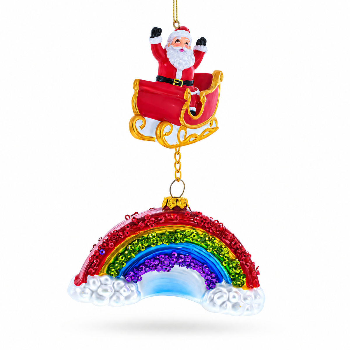 Santa Rainbow Sleigh Ride Glass Christmas Ornament
