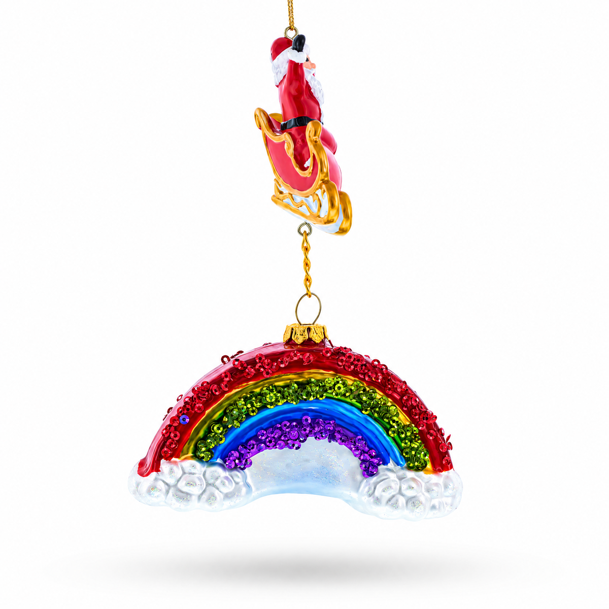 Santa Rainbow Sleigh Ride Glass Christmas Ornament