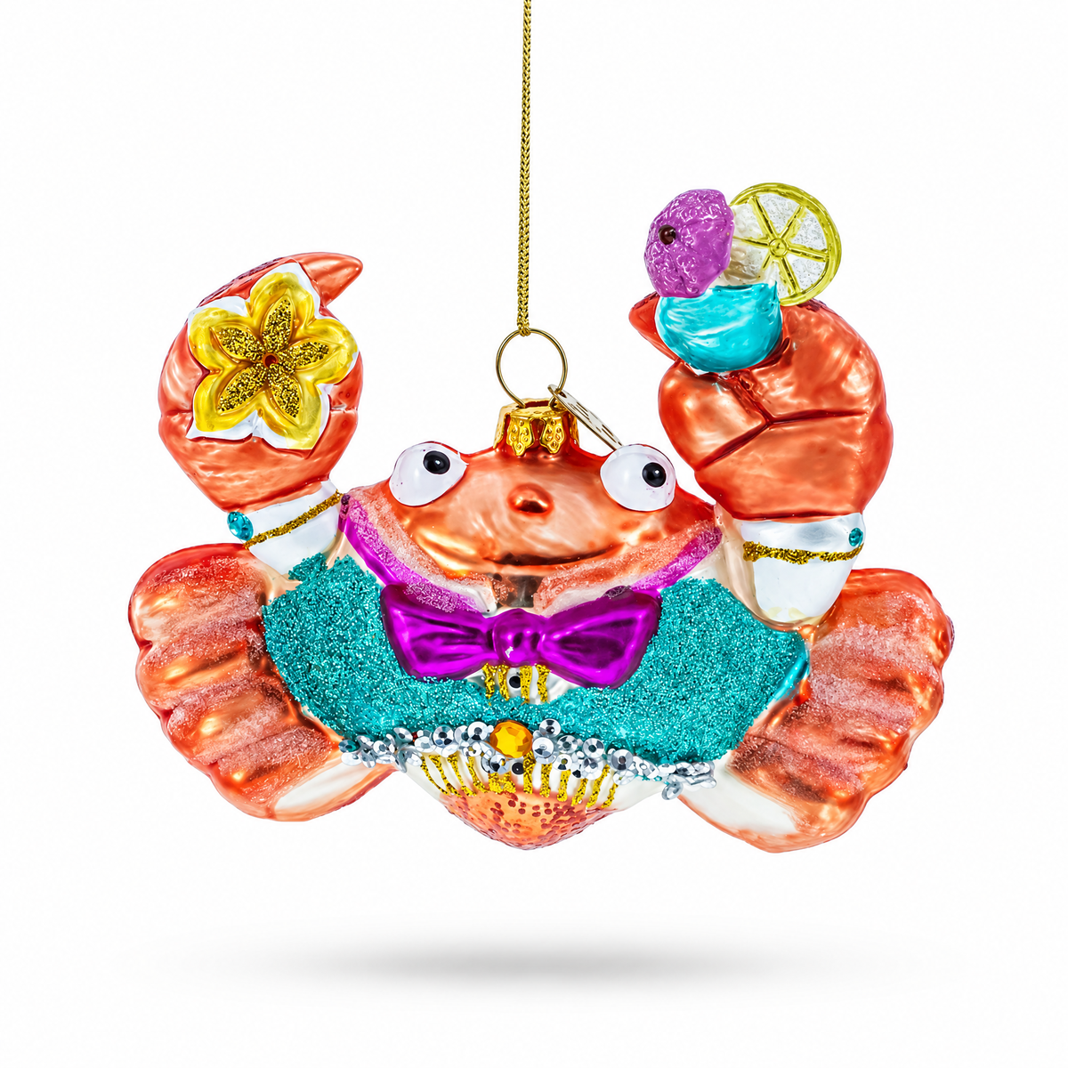 Cheerful Crab at Cocktail Party Glass Christmas Ornament