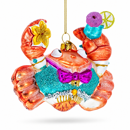 Cheerful Crab at Cocktail Party Glass Christmas Ornament