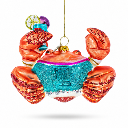 Cheerful Crab at Cocktail Party Glass Christmas Ornament