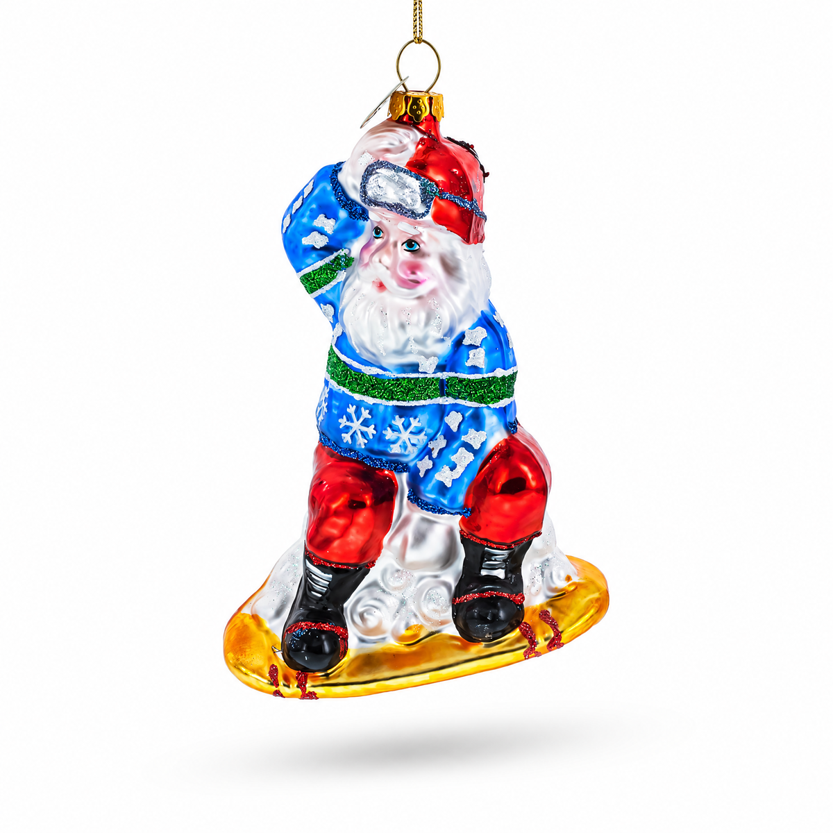 Snowboarding Santa Glass Christmas Ornament