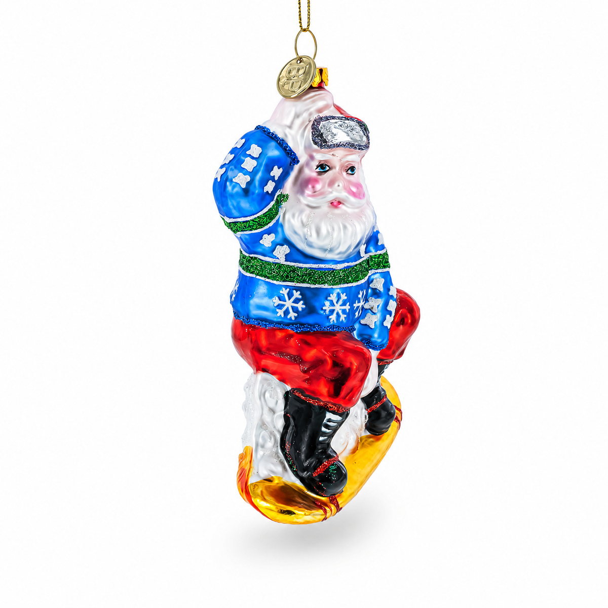 Snowboarding Santa Glass Christmas Ornament
